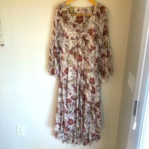 Mossimo high low long sleeve flowy maxi dress cream pink rust floral Large
